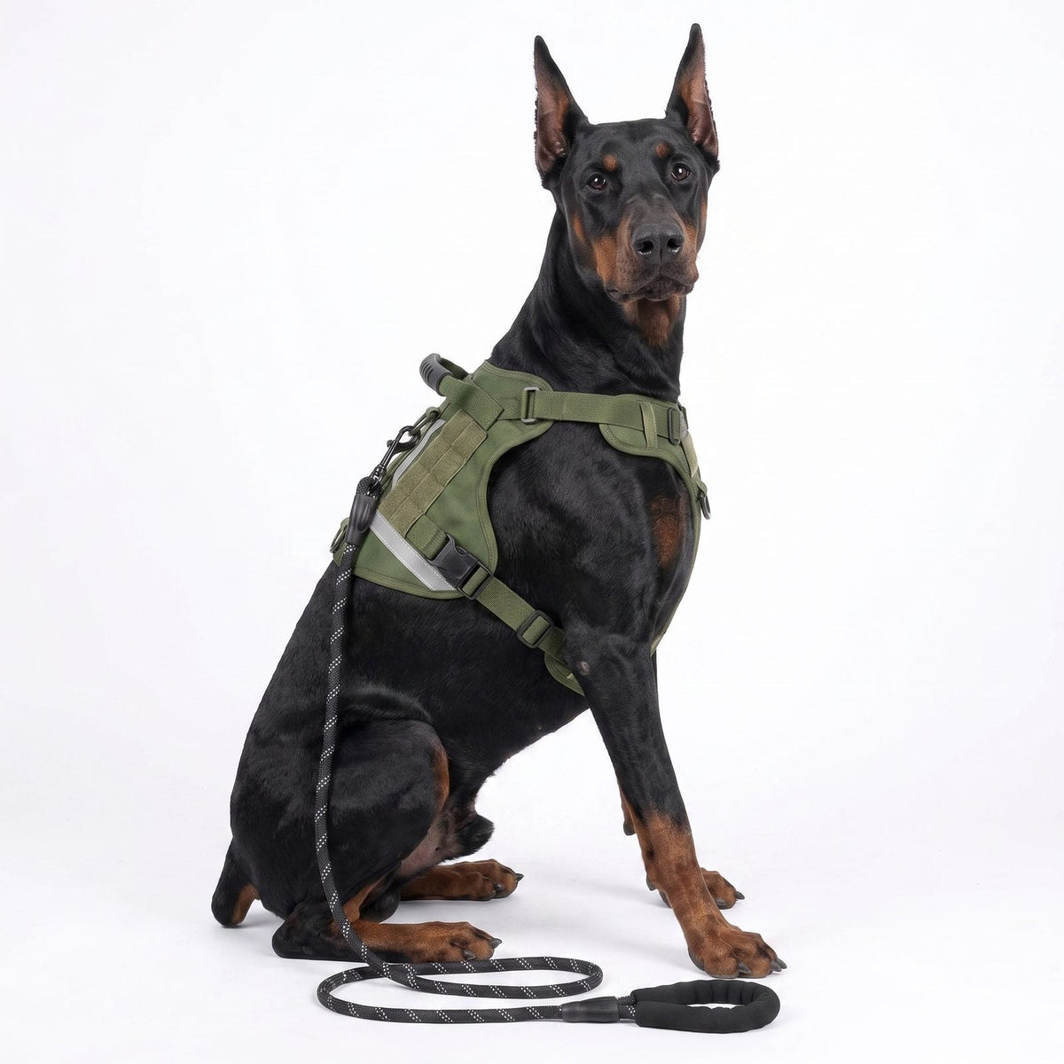 Chien assis avec sa laisse, portant le harnais pour chien TactiGuard vert olive