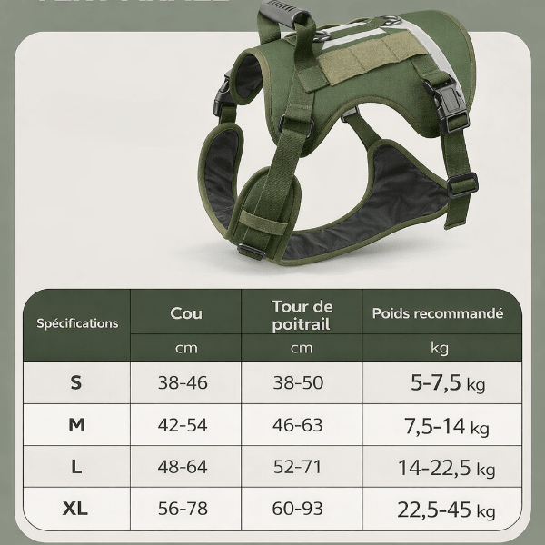 Guide des tailles harnais chien tactique vert armée avec tableau des mesures cou et poitrail et poids recommandé pour choisir la bonne taille

