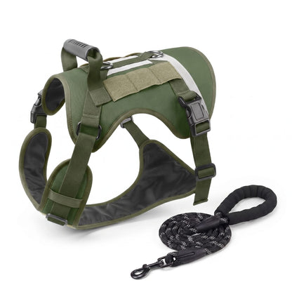 Harnais pour chien TactiGuard vert olive présenté avec sa laisse assortie, vue packshot