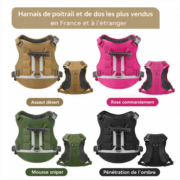Harnais chien tactique disponible en plusieurs couleurs noir rose vert mousse et sable, modèles poitrine et dos réglables