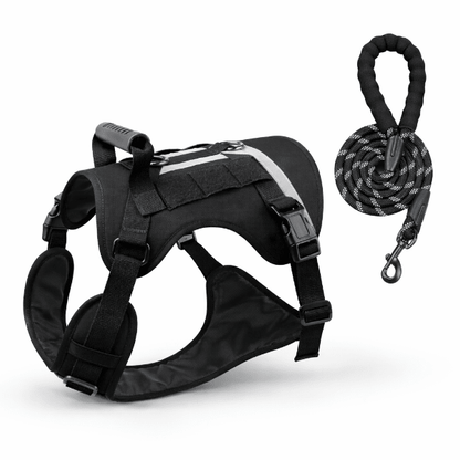 Harnais chien tactique noir avec laisse corde rembourrée, harnais anti-traction réglable, poignée de contrôle et bandes réfléchissantes pour promenade sécurisée
