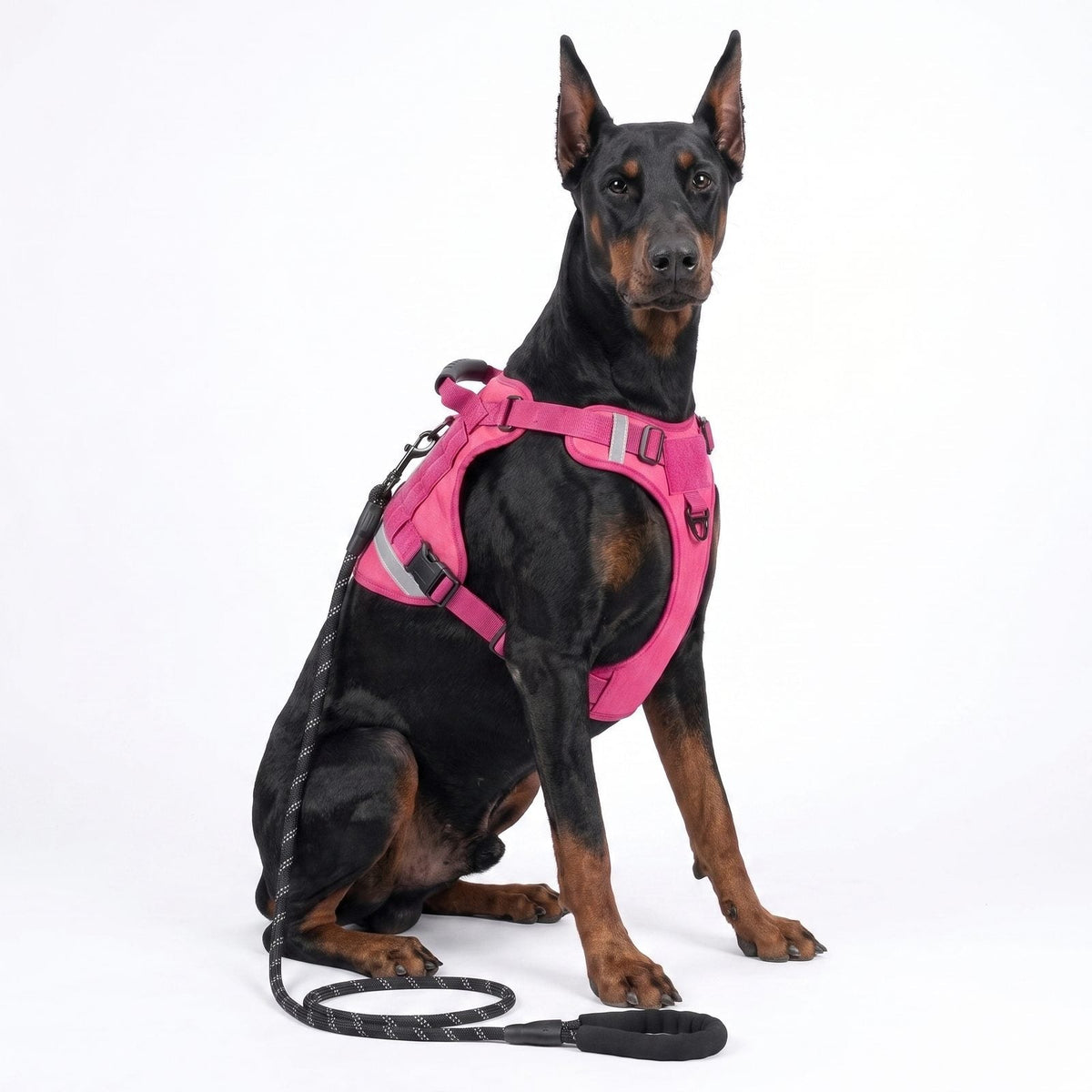 Chien assis avec sa laisse, portant le harnais pour chien TactiGuard rose