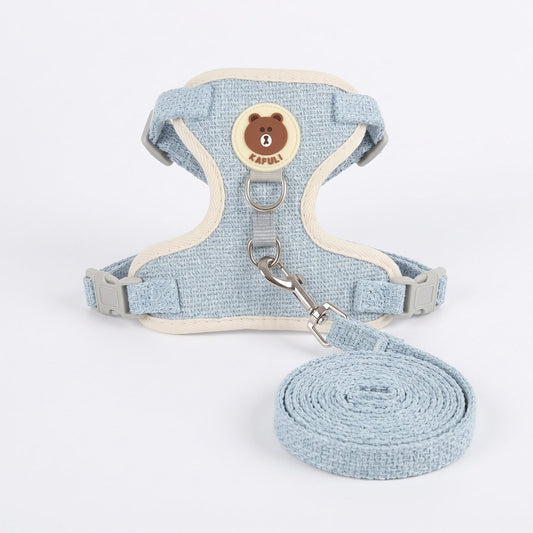 Harnais pour petit chien KAFULI bleu présenté seul avec sa laisse assortie