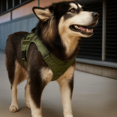 harnais tactique chien vert olive avec fermeture renforcée idéal pour promenade urbaine ou entrainement CanisForce