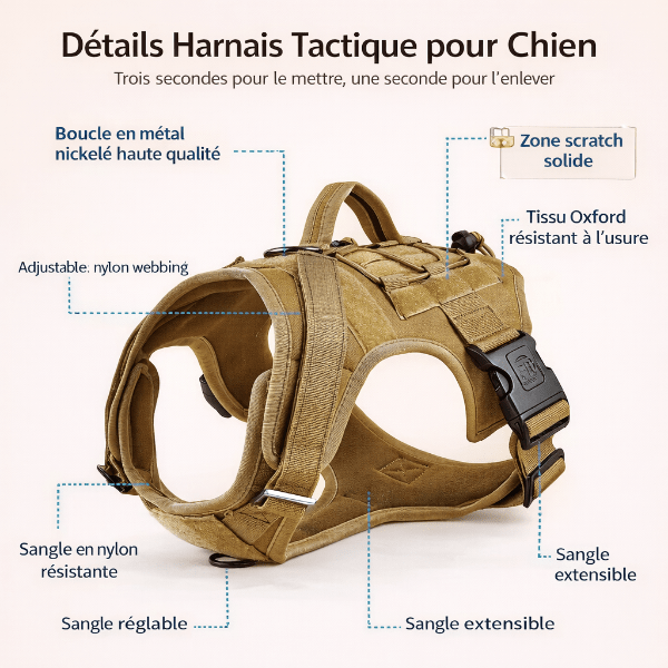 harnais tactique chien details tissu oxford scratch solide boucle metal sangle reglable renforcee