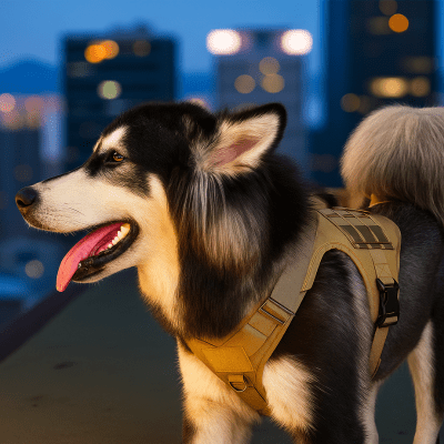 harnais tactique chien beige résistant pour usage de nuit avec vue panoramique en ville CanisForce