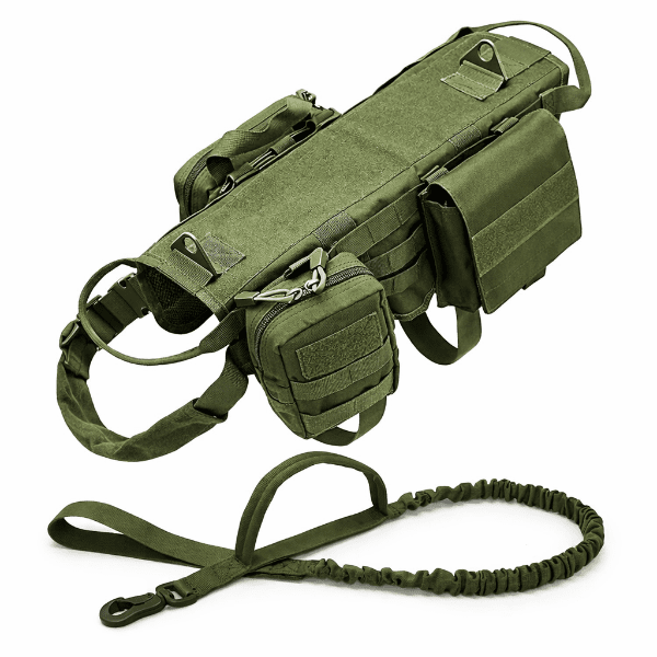 Harnais tactique pour chien kit complet avec laisse élastique, ensemble harnais militaire vert avec poches MOLLE