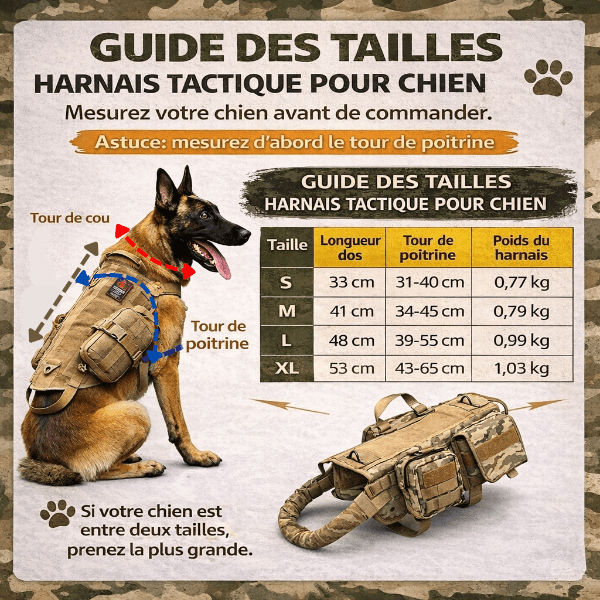 harnais tactique pour chien guide des tailles avec mesures du tour de poitrine, longueur du dos et conseils pour choisir un ensemble harnais tactique adapté
