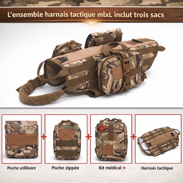 Harnais tactique pour chien ensemble complet avec poches utilitaires, poche zippée et kit médical, système MOLLE pour équipement canin.