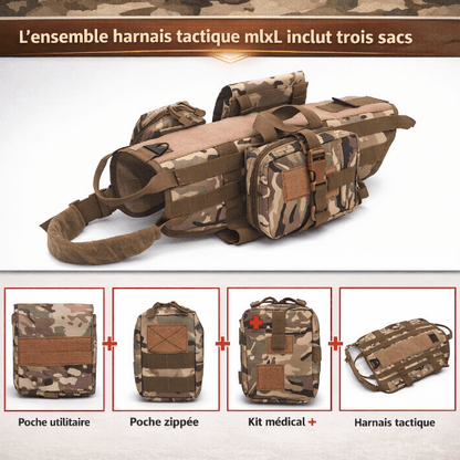 Harnais tactique pour chien ensemble complet avec poches utilitaires, poche zippée et kit médical, système MOLLE pour équipement canin.