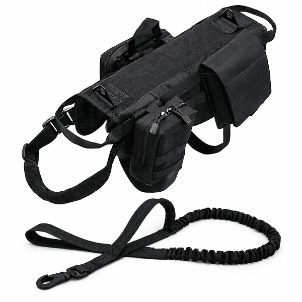 Harnais tactique pour chien ensemble noir avec poches MOLLE et laisse tactique, harnais de dressage et travail