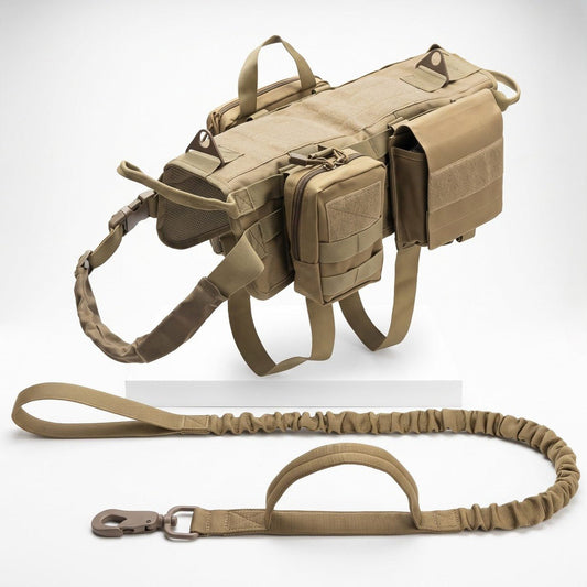 Harnais tactique chien 4 en 1 coloris tan avec poignée de contrôle, poches MOLLE et laisse élastique
