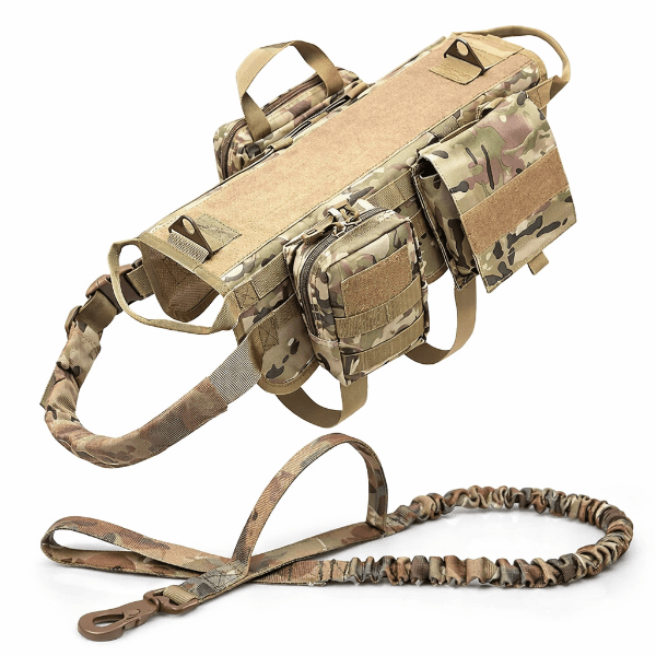 Harnais tactique pour chien camouflage avec kit militaire MOLLE, harnais robuste avec poches utilitaires
