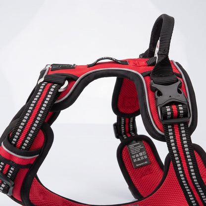 Gros plan sur la boucle de réglage et les sangles rembourrées rouges du harnais ZenWalk pour chien