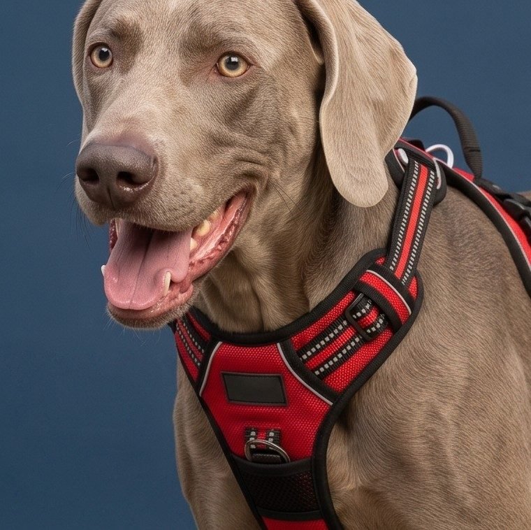 Portrait rapproché d'un Weimaraner portant le harnais ZenWalk pour chien