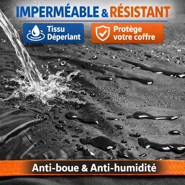 Surface de housse de coffre noire avec gouttes d’eau, chaussée orange, mettant en avant son tissu déperlant et sa résistance.