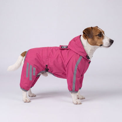 Jack Russell de profil avec un imperméable rose à capuche, trois bandes réfléchissantes sur la patte arrière et une bande sur l'épaule, fond gris clair