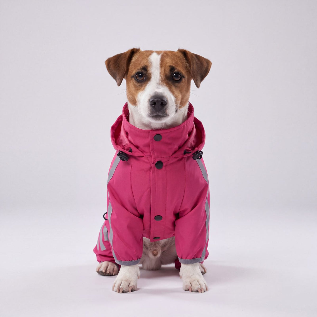 Jack Russell assis de face avec un imperméable rose à capuche, boutons-pression et bandes réfléchissantes, fond gris clair