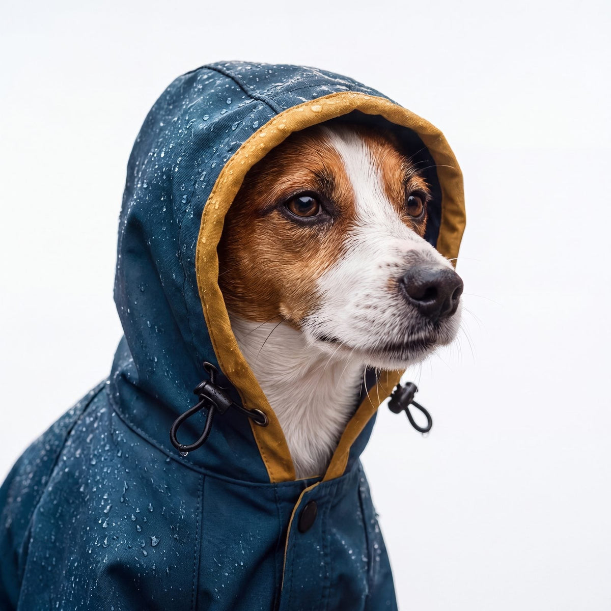 Gros plan sur la capuche à liseré jaune de l'imperméable chien bleu, avec gouttes de pluie