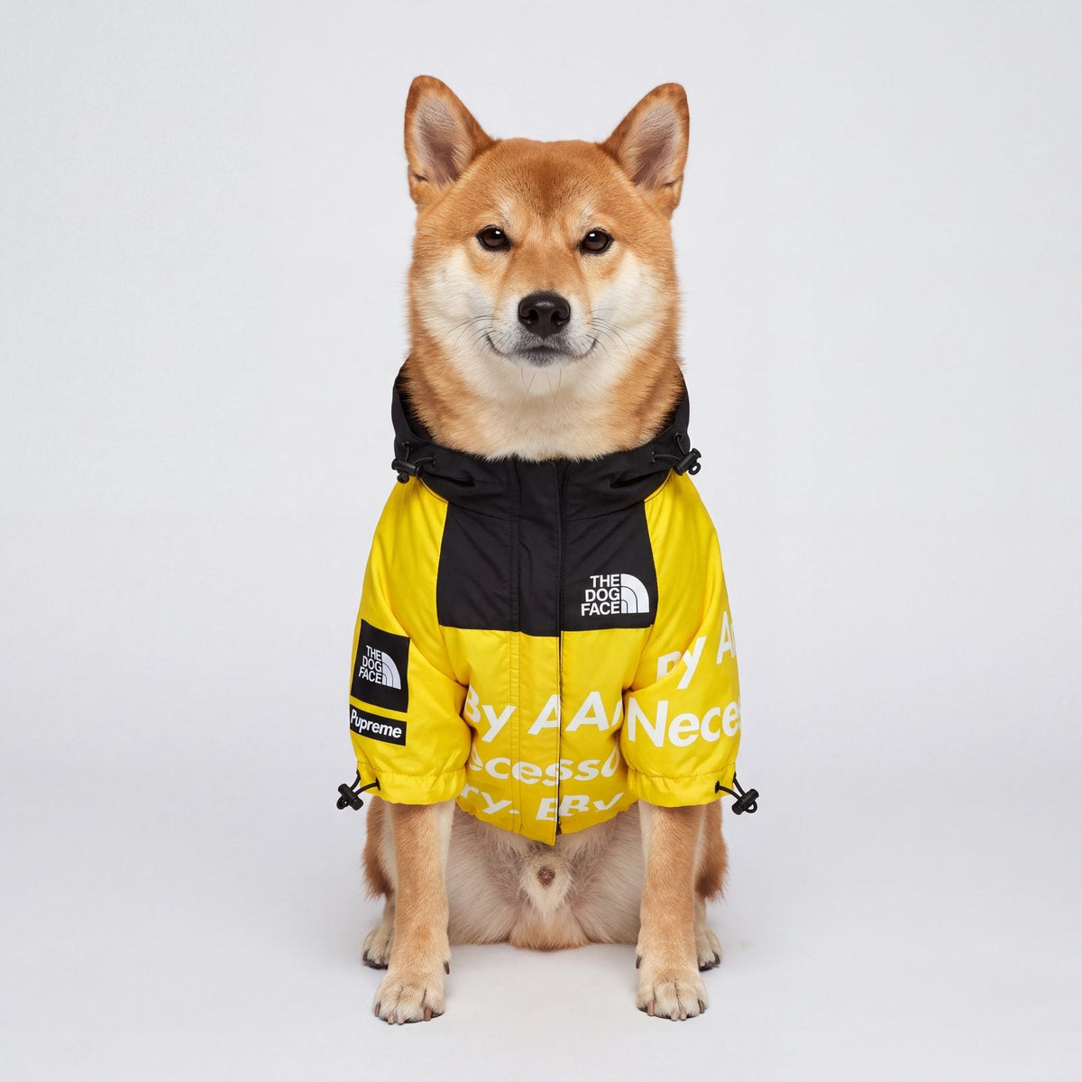 Imperméable chien coupe-vent jaune à capuche Chien store vue de face sur un Shiba Inu assis en studio sur fond blanc