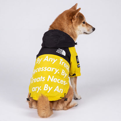 Imperméable chien coupe-vent jaune à capuche Chien store vue arrière montrant les motifs graphiques et le serrage au bassin