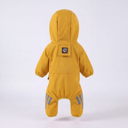 Imperméable chien jaune combinaison à capuche 4 pattes vu de dos