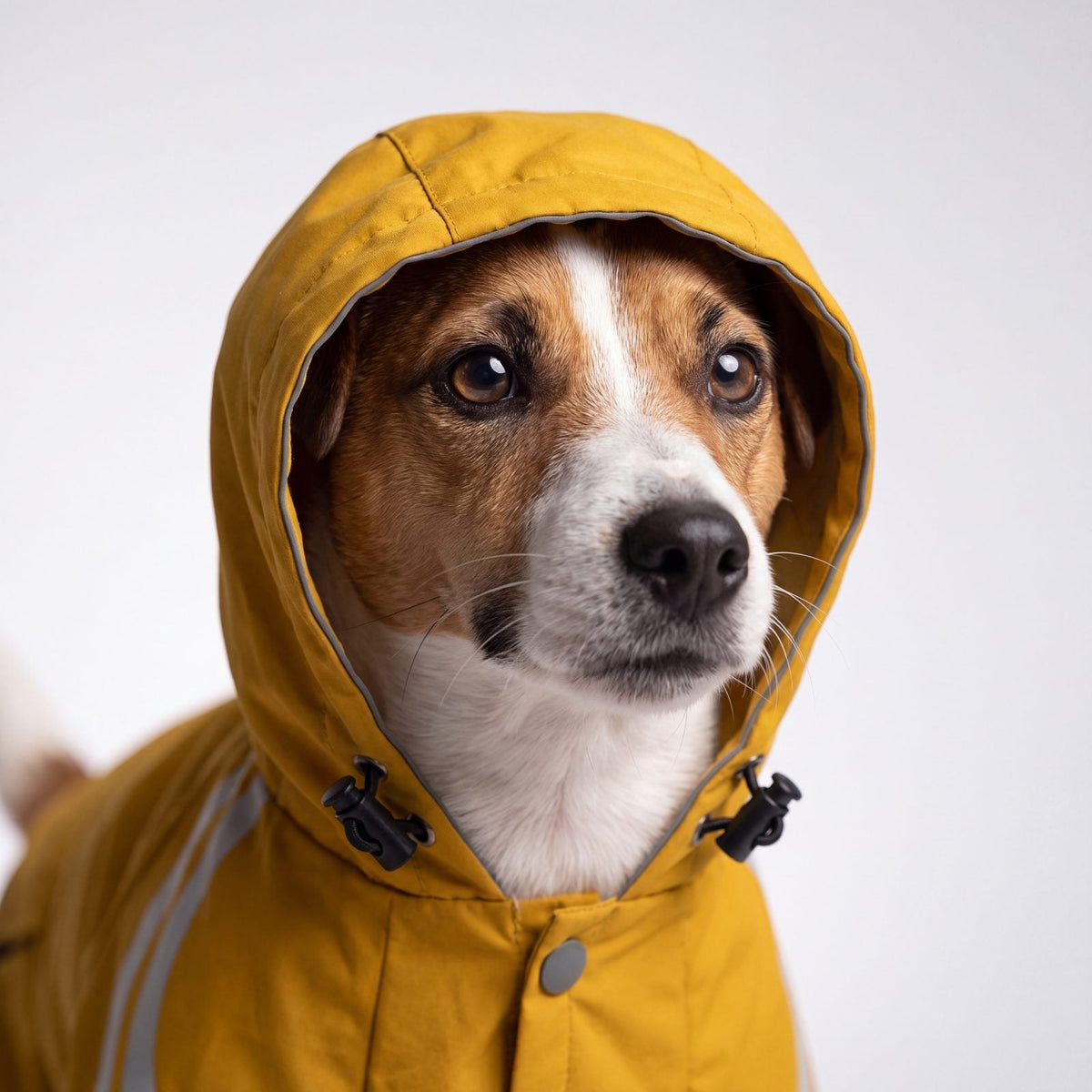 Gros plan sur la capuche de l'imperméable chien jaune