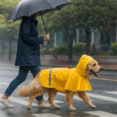 Promenade sous la pluie avec un chien portant un imperméable jaune et capuche