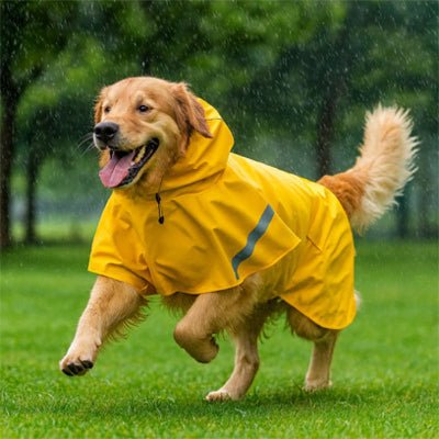 Chien qui court sous la pluie avec un imperméable jaune réfléchissant