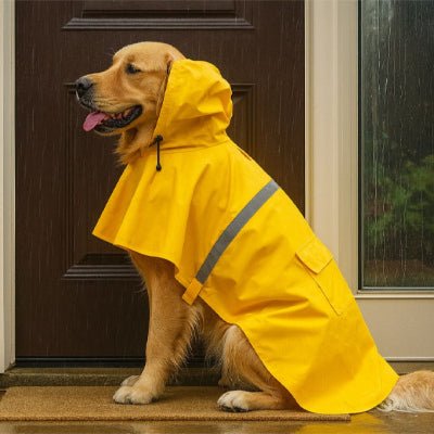 Chien assis devant une porte sous la pluie portant un imperméable pour chien jaune