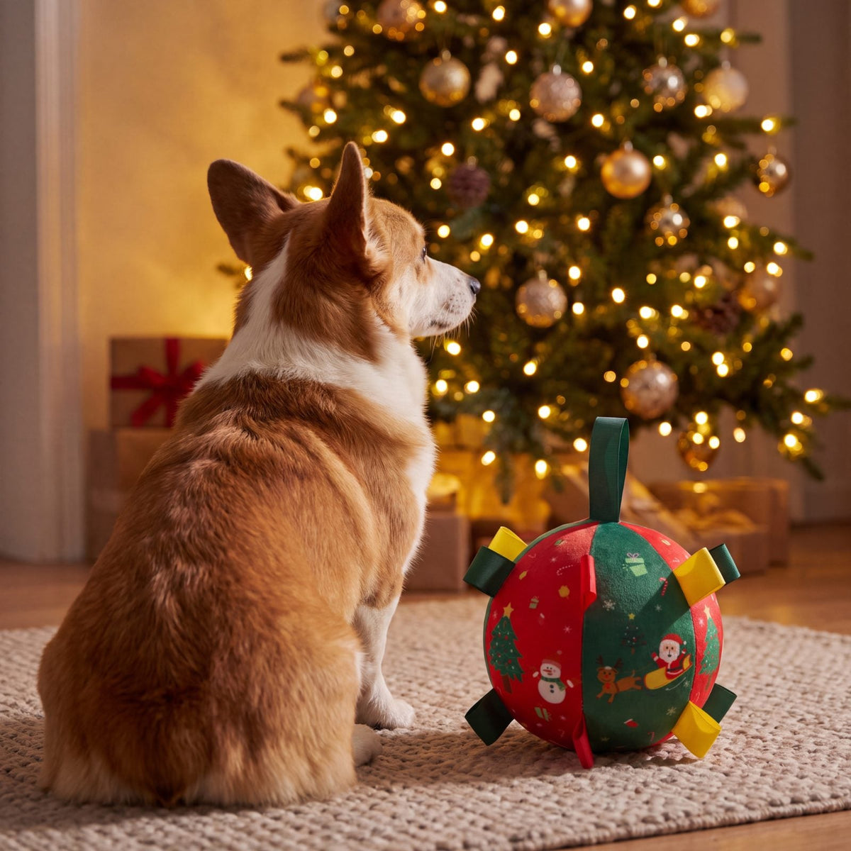 Corgi vu de dos assis devant le sapin de Noël à côté de la balle de Noël en tissu pour chien
