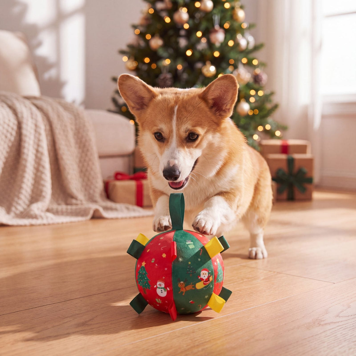 Corgi joyeux qui bondit sur la balle de Noël en tissu sur un parquet clair