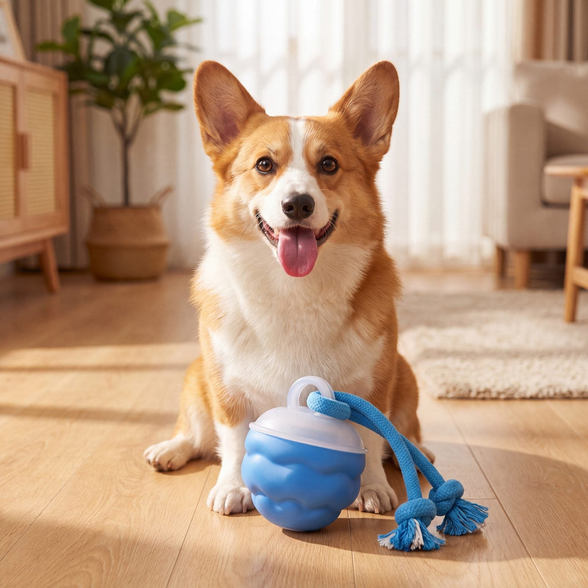 Corgi assis sur un parquet clair devant sa balle bleue rechargeable avec corde, langue sortie