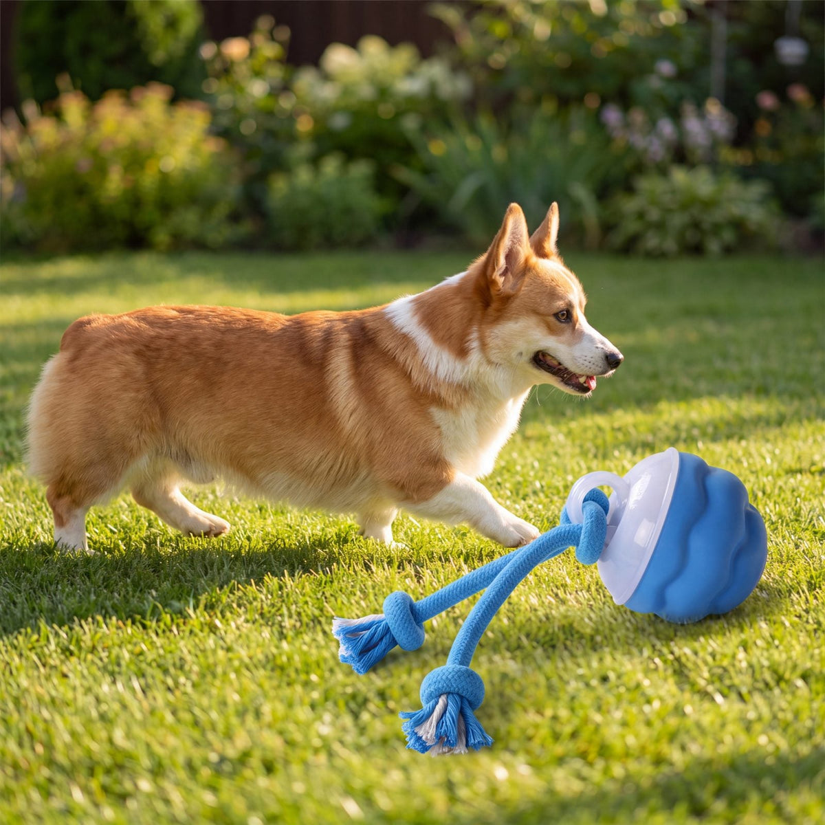 Corgi de profil qui trotte sur la pelouse vers sa balle bleue avec corde