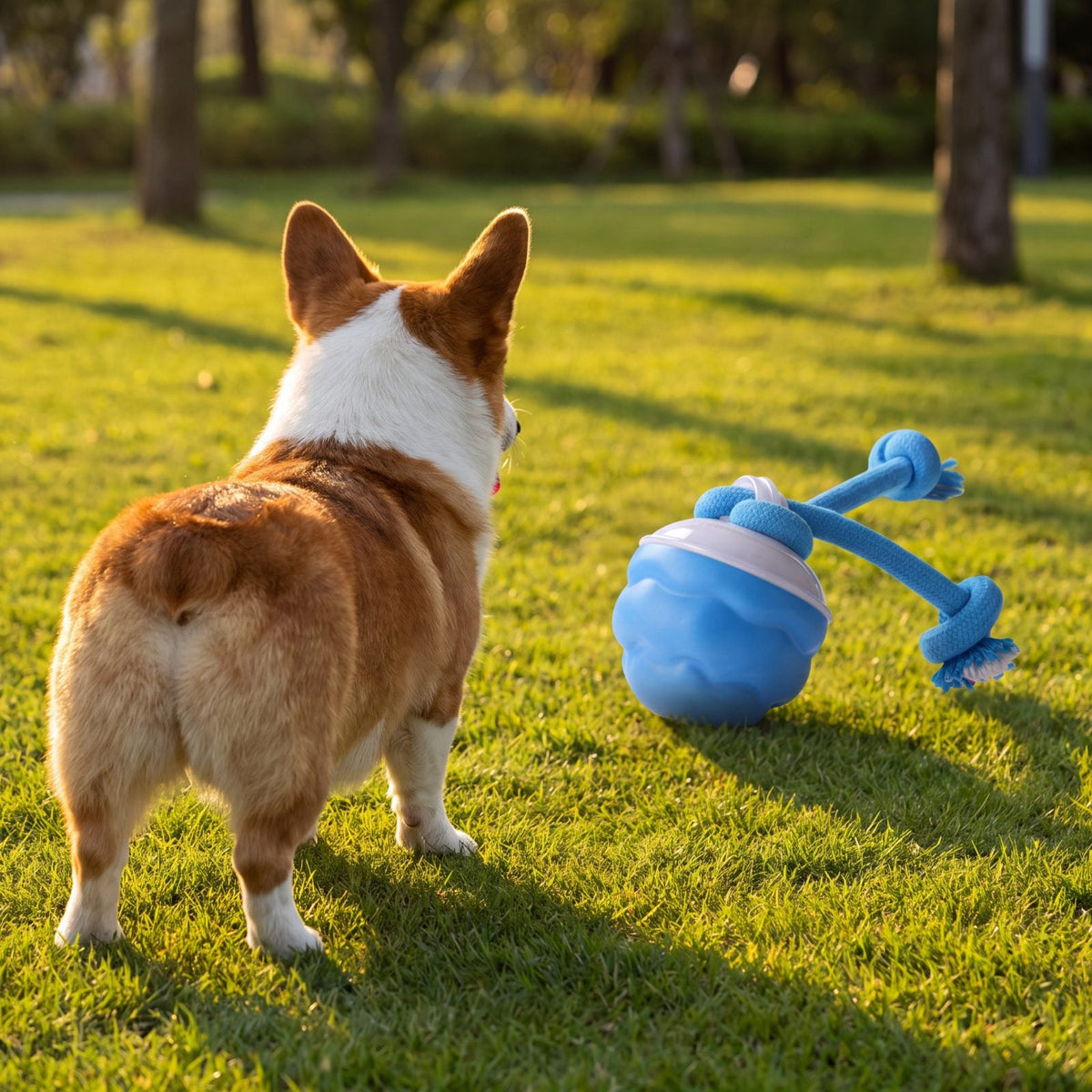Corgi vu de dos sur la pelouse qui regarde rouler sa balle bleue avec corde