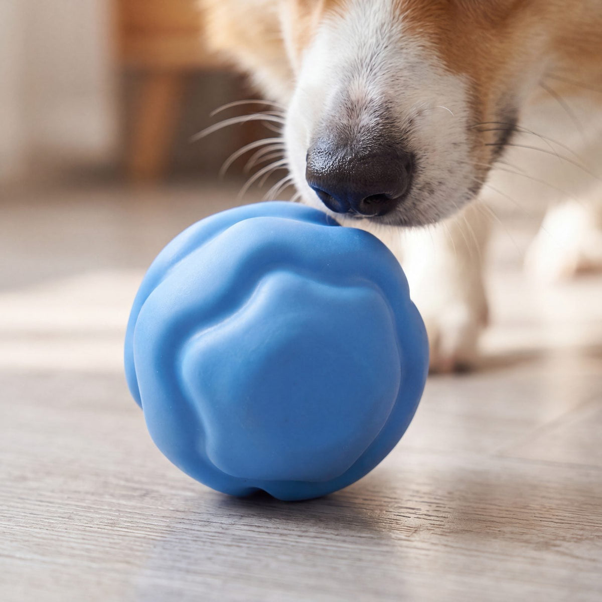Gros plan sur la surface ondulée de la balle bleue, un museau de corgi qui la renifle