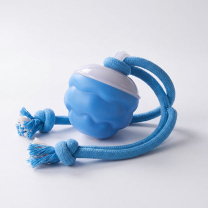 Jouet pour chien : balle bleue rechargeable avec corde nouée, photo studio sur fond blanc