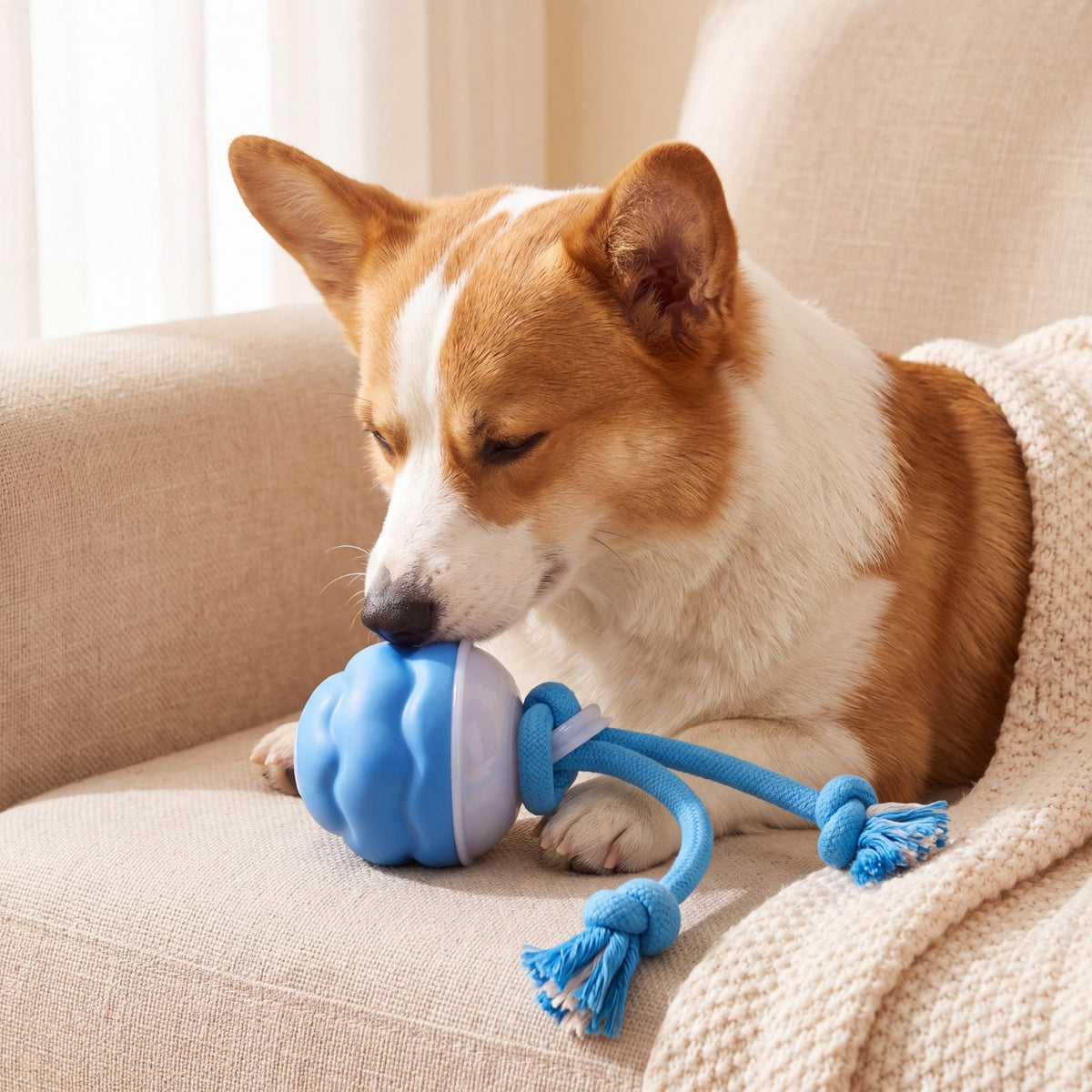Corgi allongé sur un canapé beige près de sa balle bleue avec corde