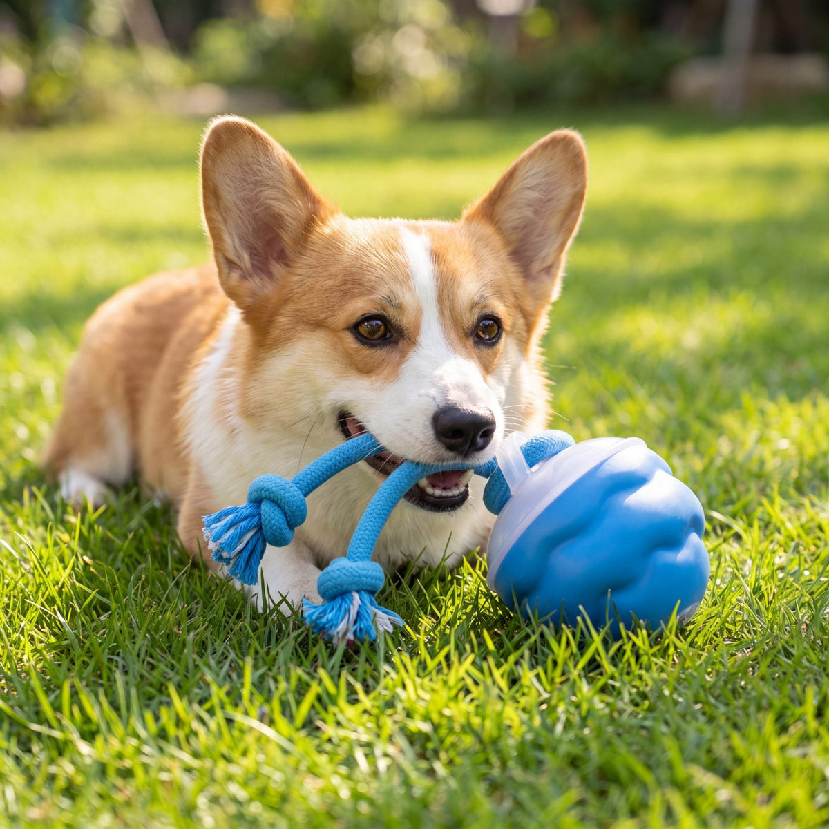 Corgi allongé sur la pelouse qui mordille la corde bleue de sa balle rechargeable