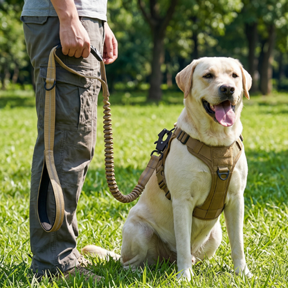 Laisse chien ControlMax Chien store beige tenue par un promeneur avec un Labrador au parc