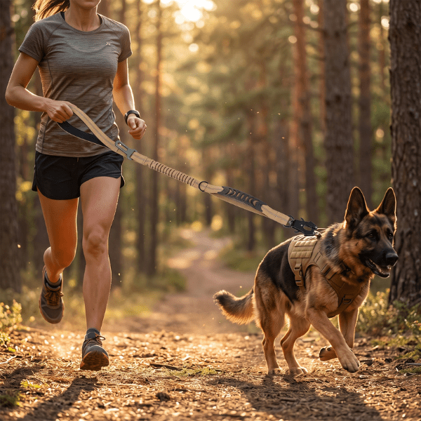 Laisse chien ControlMax Chien store beige utilisée en canicross avec un Berger Allemand