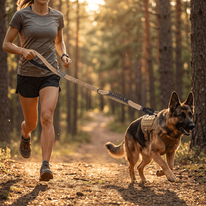 Laisse chien ControlMax Chien store beige utilisée en canicross avec un Berger Allemand
