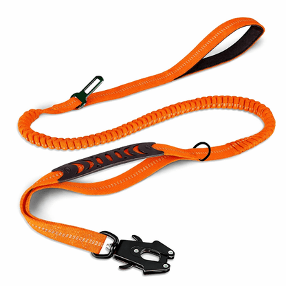 Laisse amortisseur orange avec mousqueton metal robuste et poignée rembourrée