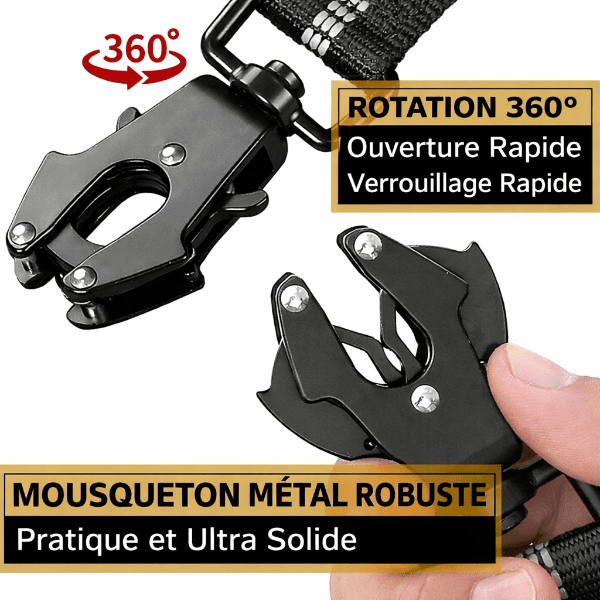 Détails annotés de la laisse amortisseur ControlMax : boucle ceinture, filaments réfléchissants, poignée rembourrée, poignée de contrôle, anneau D, mousqueton metal robustes