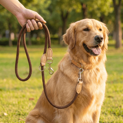 Laisse pour chien double en corde tressée marron tenue à la main attachée au collier en cuir d'un Golden Retriever assis dans un parc