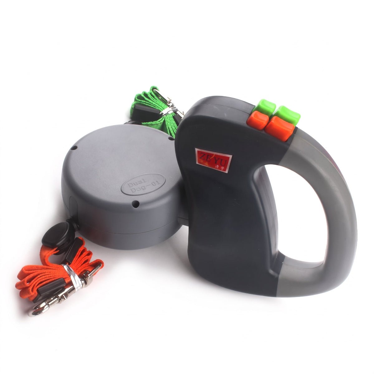 Laisse rétractable pour deux chiens DuoChic grise avec boutons de verrouillage et sangles d'attache.