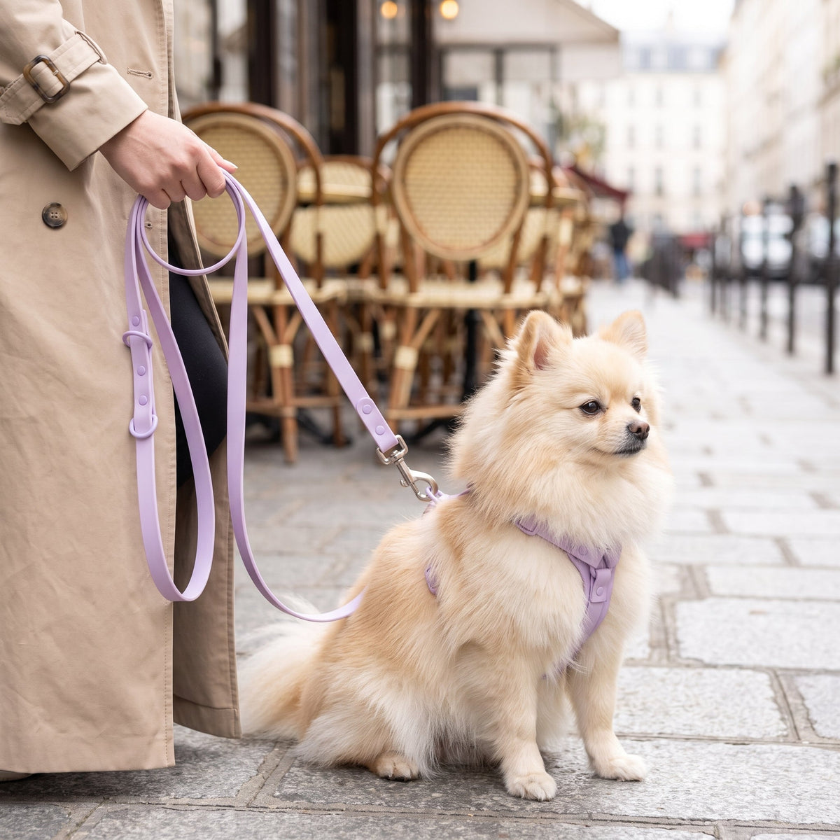 Laisse pour chien main libre multi-tâches utilisée en promenade avec un petit chien blanc