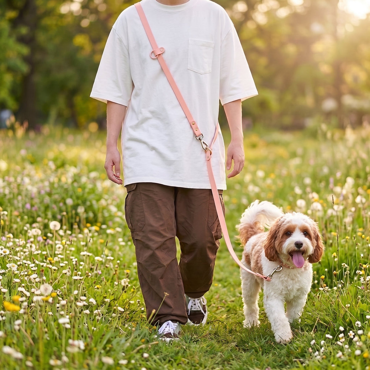 Laisse pour chien main libre multi-tâches utilisée lors d'une promenade en pleine nature