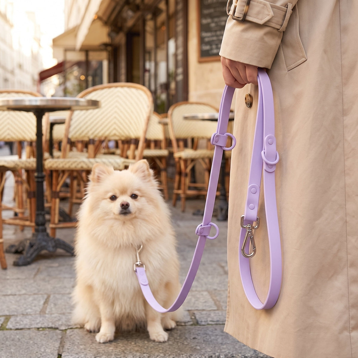 Laisse pour chien main libre multi-tâches violette utilisée en ville avec un petit chien blanc