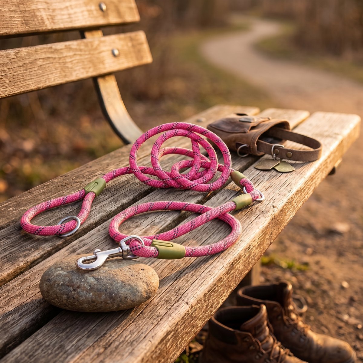 Laisse chien main libre PawSync en corde rose, vue produit posée sur un banc en bois avec collier en cuir